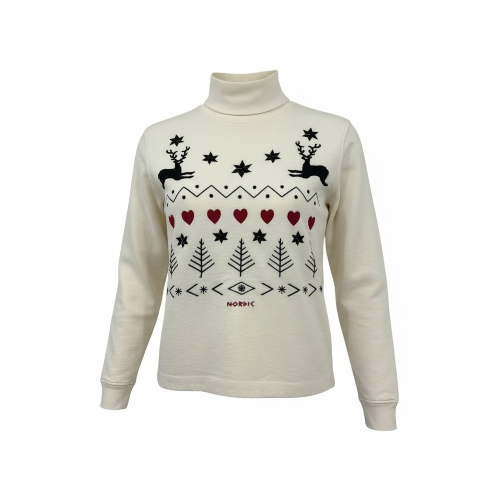 Vintage Embroidered Holiday Mock Neck Top in Cream Women’s Size M